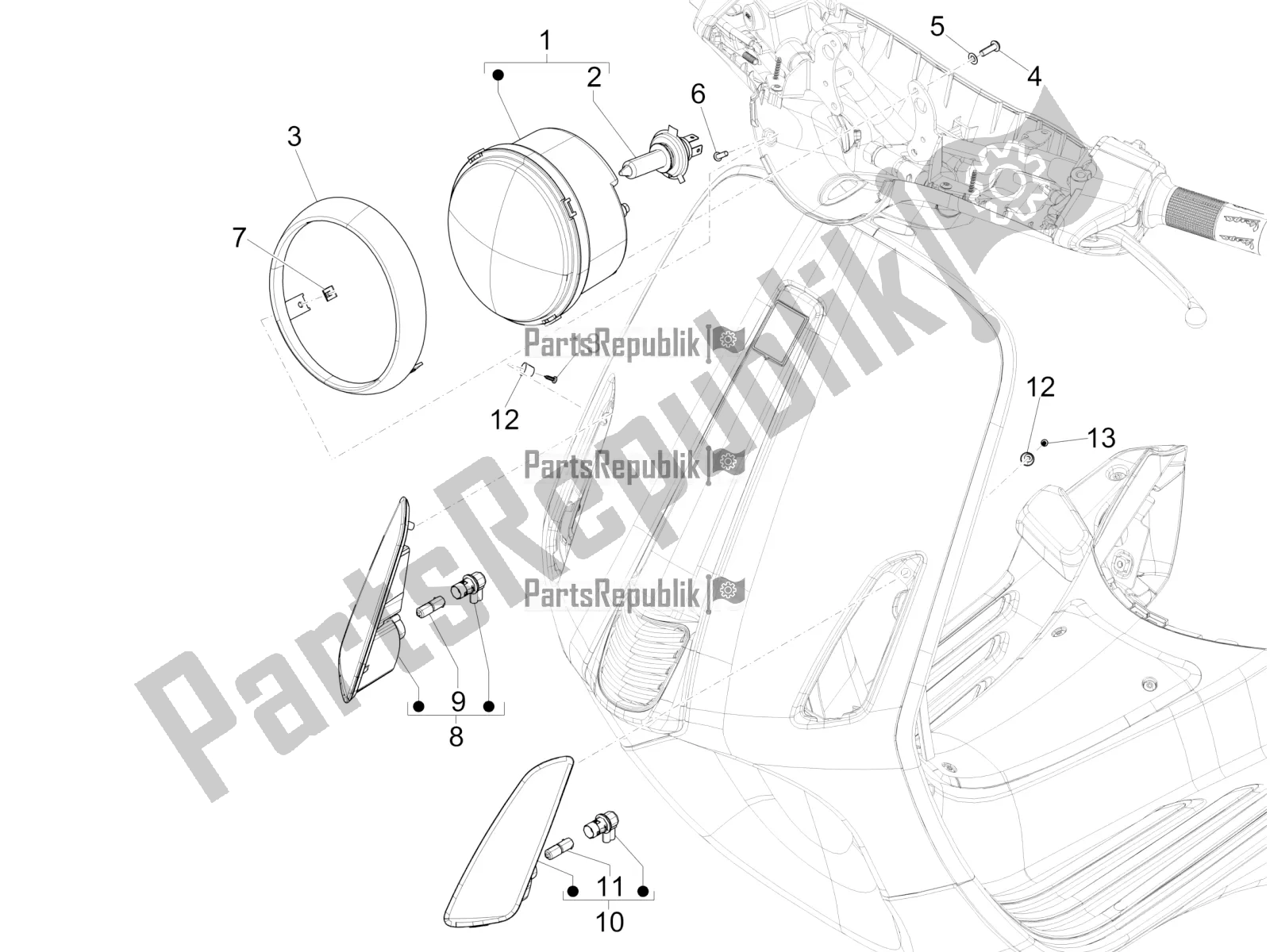 All parts for the Front Headlamps - Turn Signal Lamps of the Vespa Primavera 125 4T 3V IE ABS E5 2022