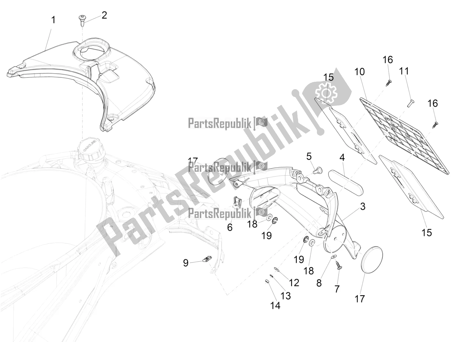 All parts for the Rear Cover - Splash Guard of the Vespa Primavera 125 4T 3V IE ABS E5 2022