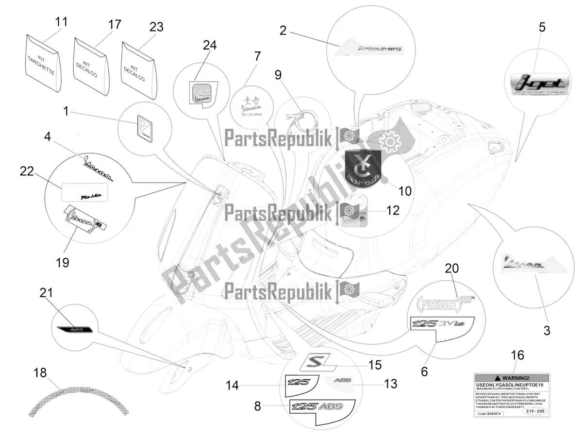 Alle onderdelen voor de Borden - Emblemen van de Vespa Primavera 125 4T 3V Iget Apac 2017