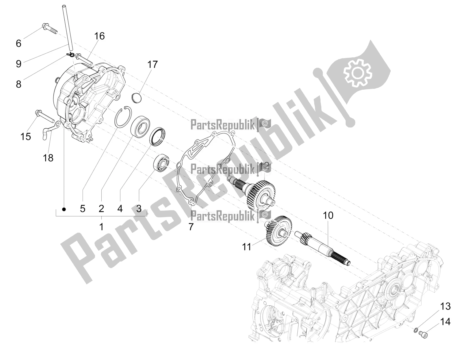 Alle onderdelen voor de Reductie-eenheid van de Vespa Primavera 125 4T 3V Iget Apac 2017