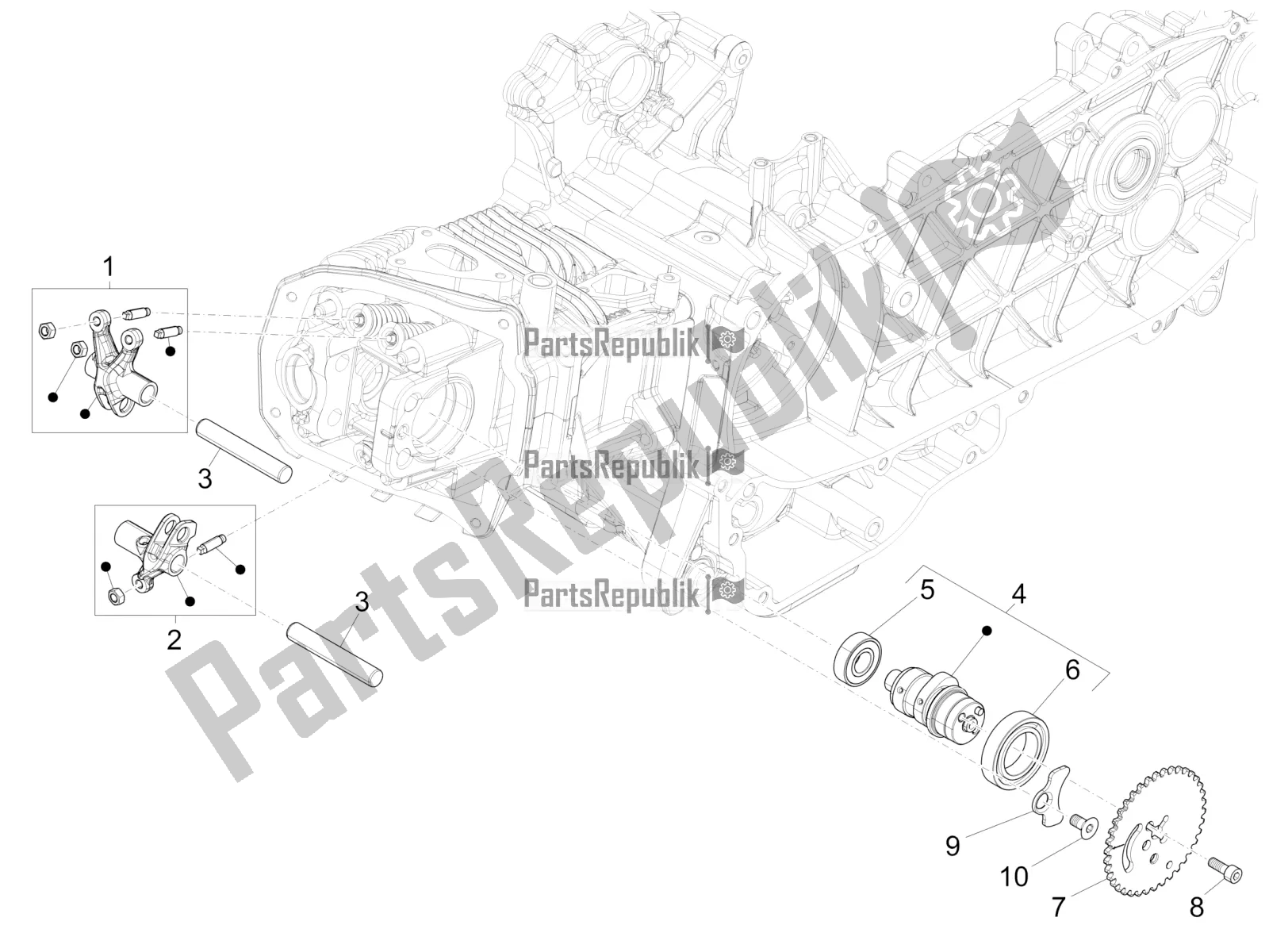 All parts for the Rocking Levers Support Unit of the Vespa Primavera 125 4T 3V Iget Apac 2017