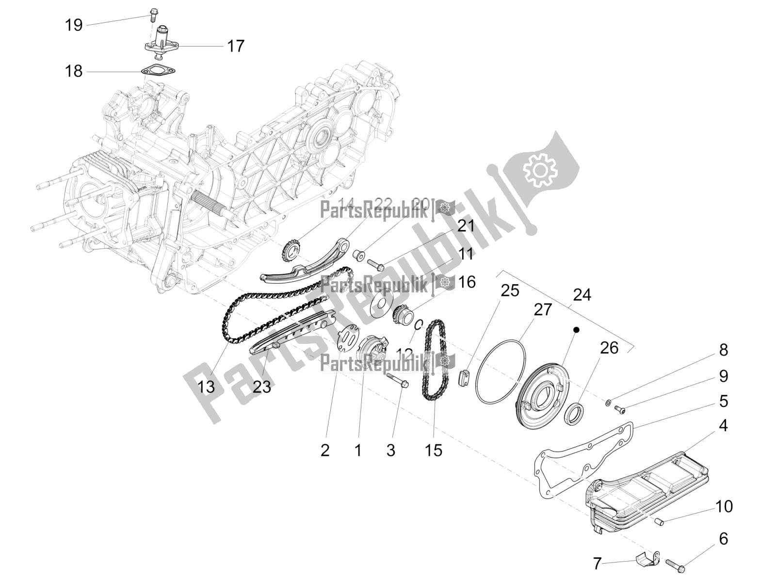 Alle onderdelen voor de Oliepomp van de Vespa Primavera 125 4T 3V Iget Apac 2018