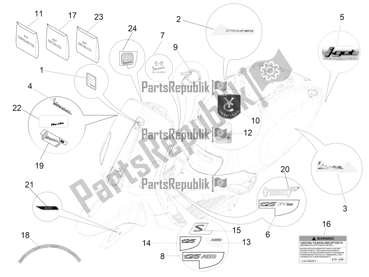 All parts for the Plates - Emblems of the Vespa Primavera 125 4T 3V Iget Apac 2018