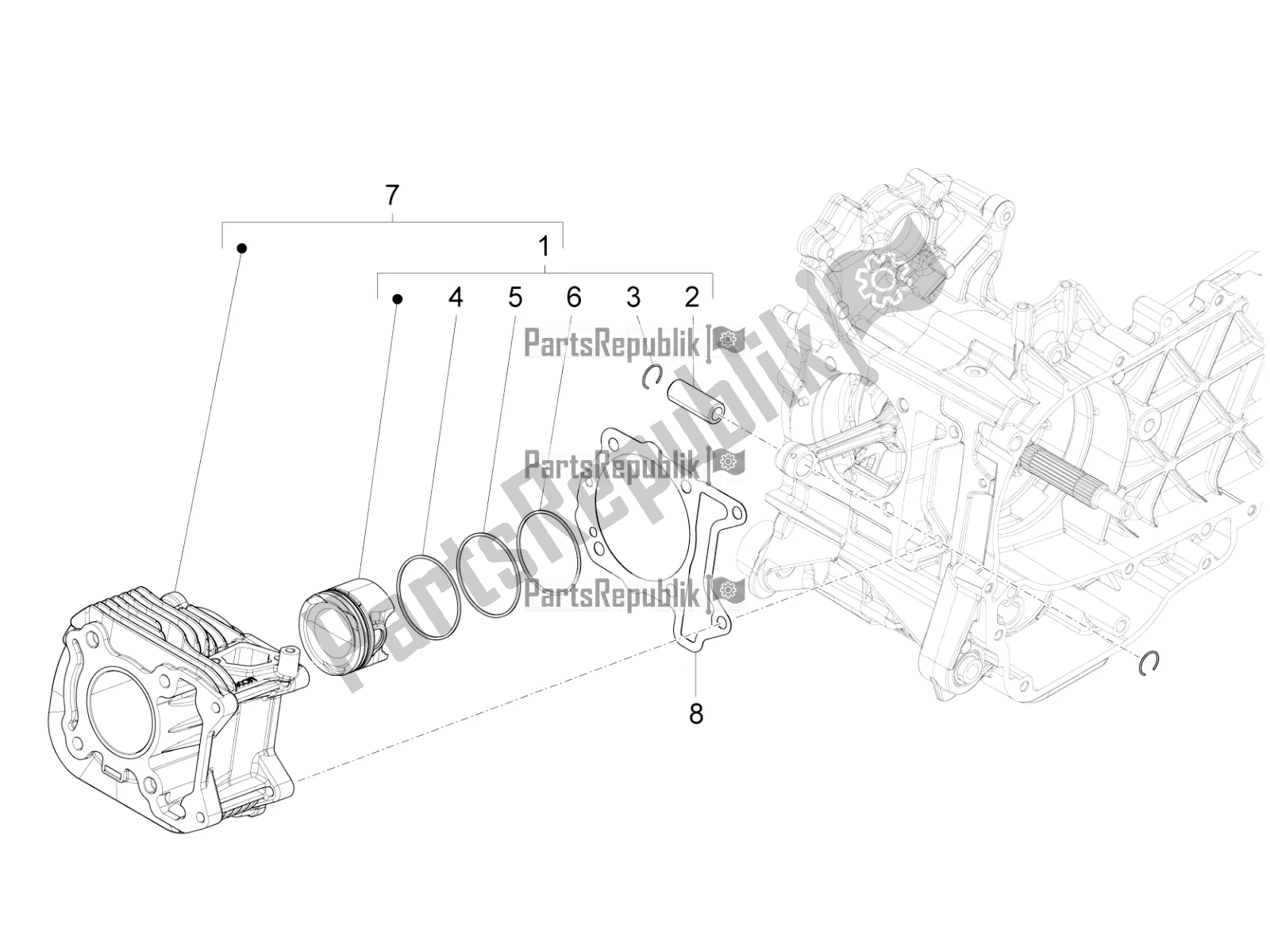 All parts for the Cylinder-piston-wrist Pin Unit of the Vespa Primavera 125 4T 3V Iget Apac 2019