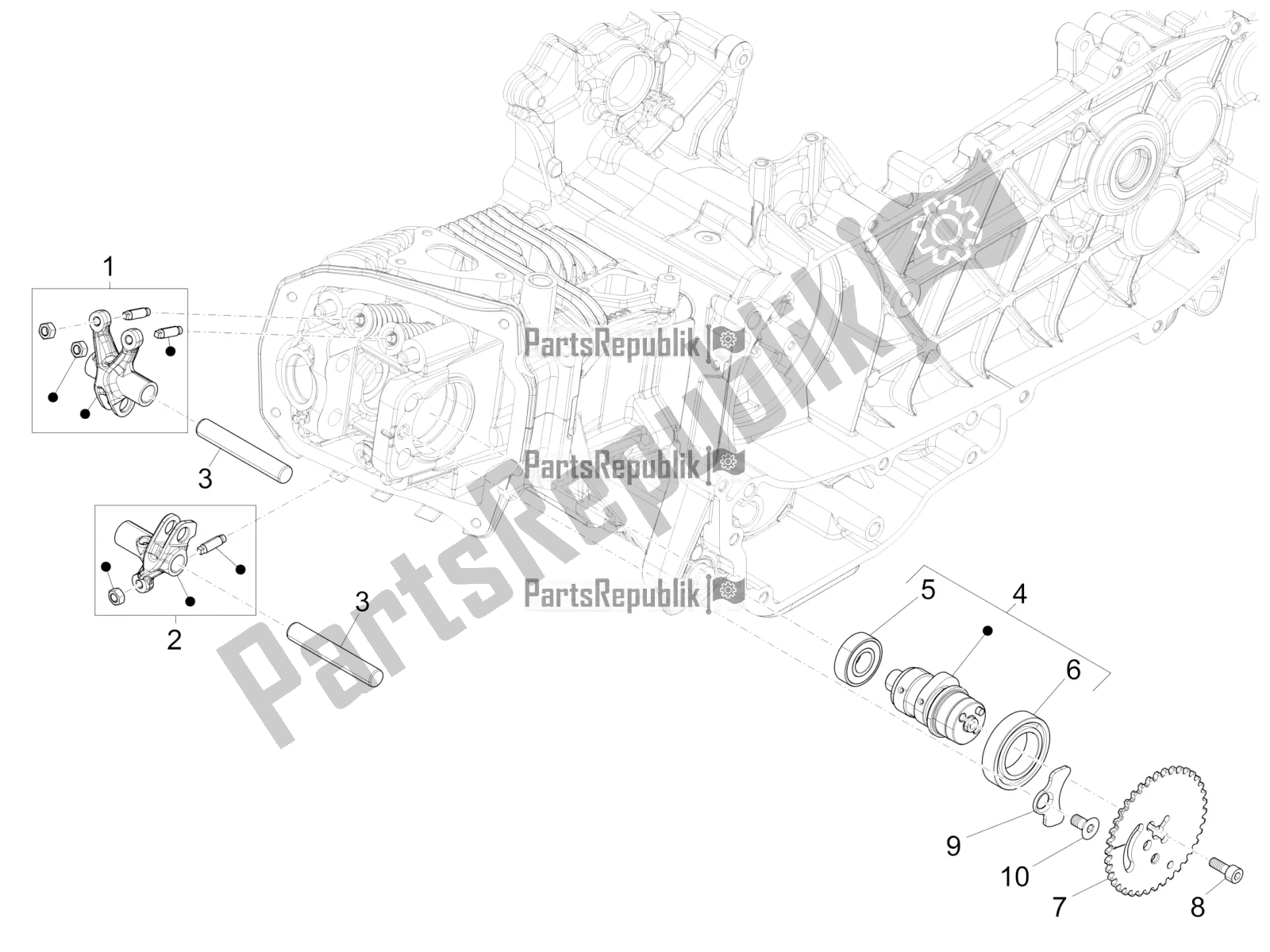 All parts for the Rocking Levers Support Unit of the Vespa Primavera 125 4T 3V Iget Apac 2019