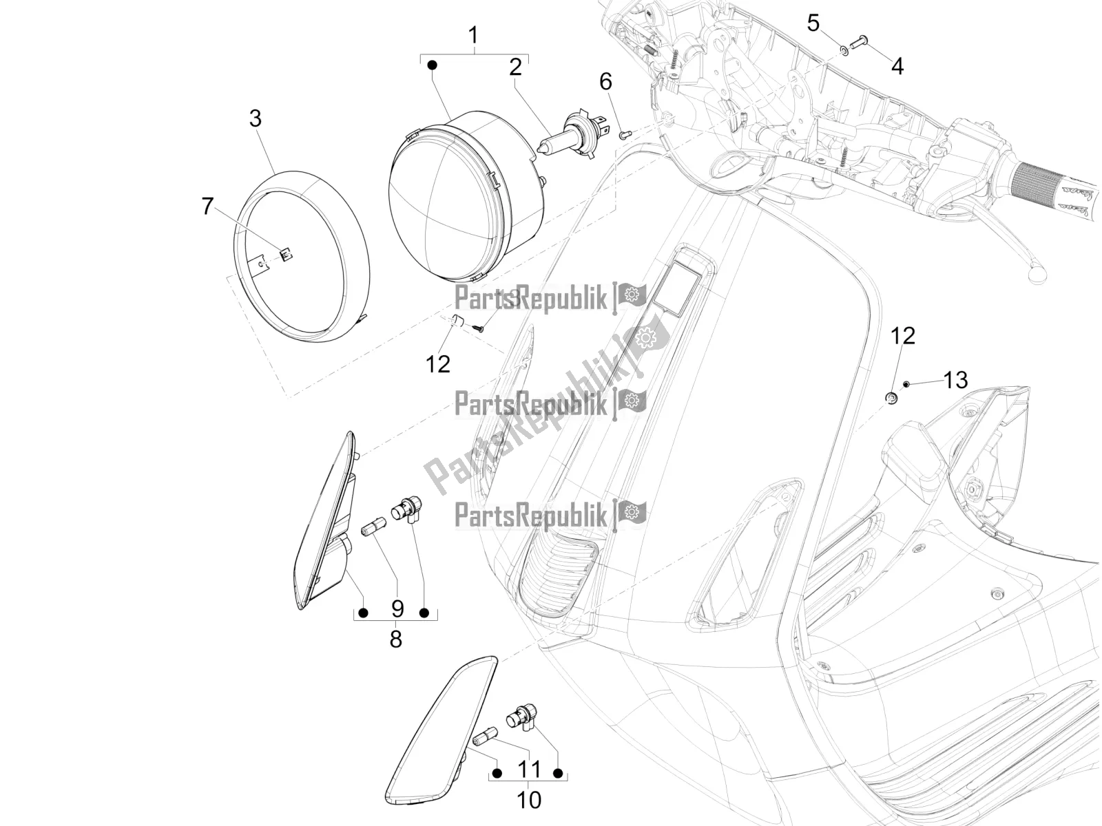 All parts for the Front Headlamps - Turn Signal Lamps of the Vespa Primavera 125 4T 3V Iget Apac 2021