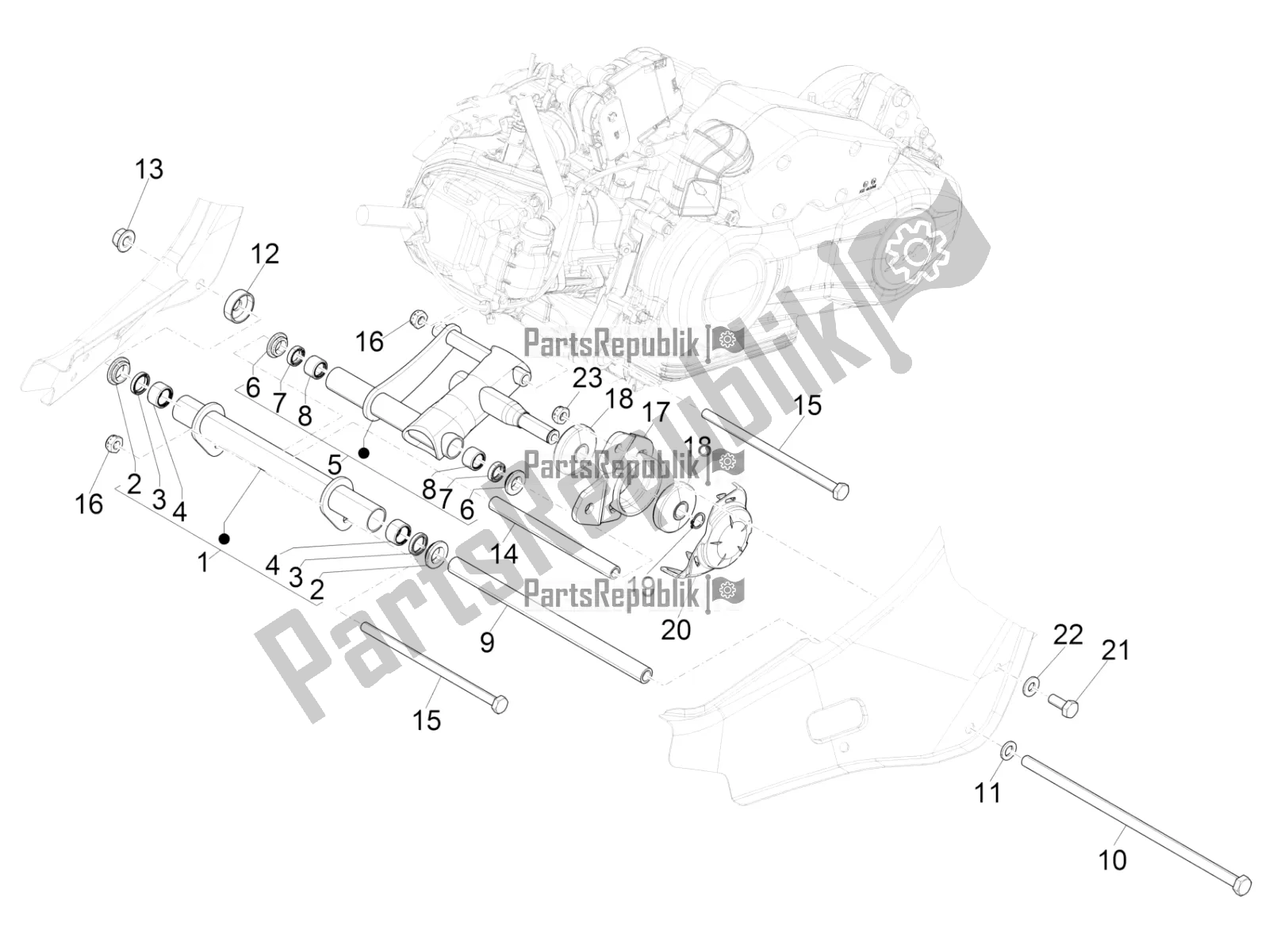 All parts for the Swinging Arm of the Vespa Primavera 125 4T 3V Iget Apac 2021