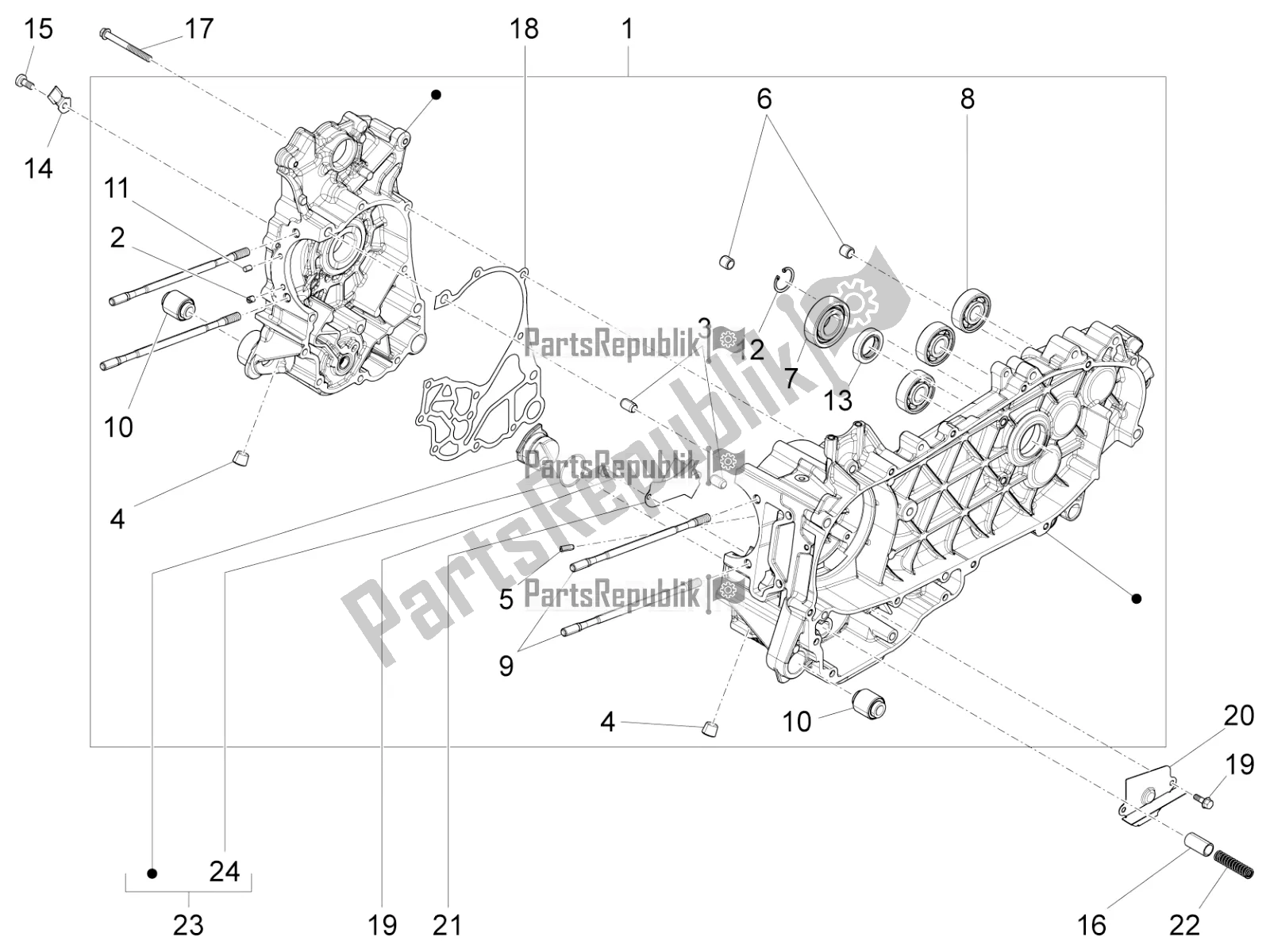 All parts for the Crankcase of the Vespa Primavera 125 4T 3V Iget Apac 2022