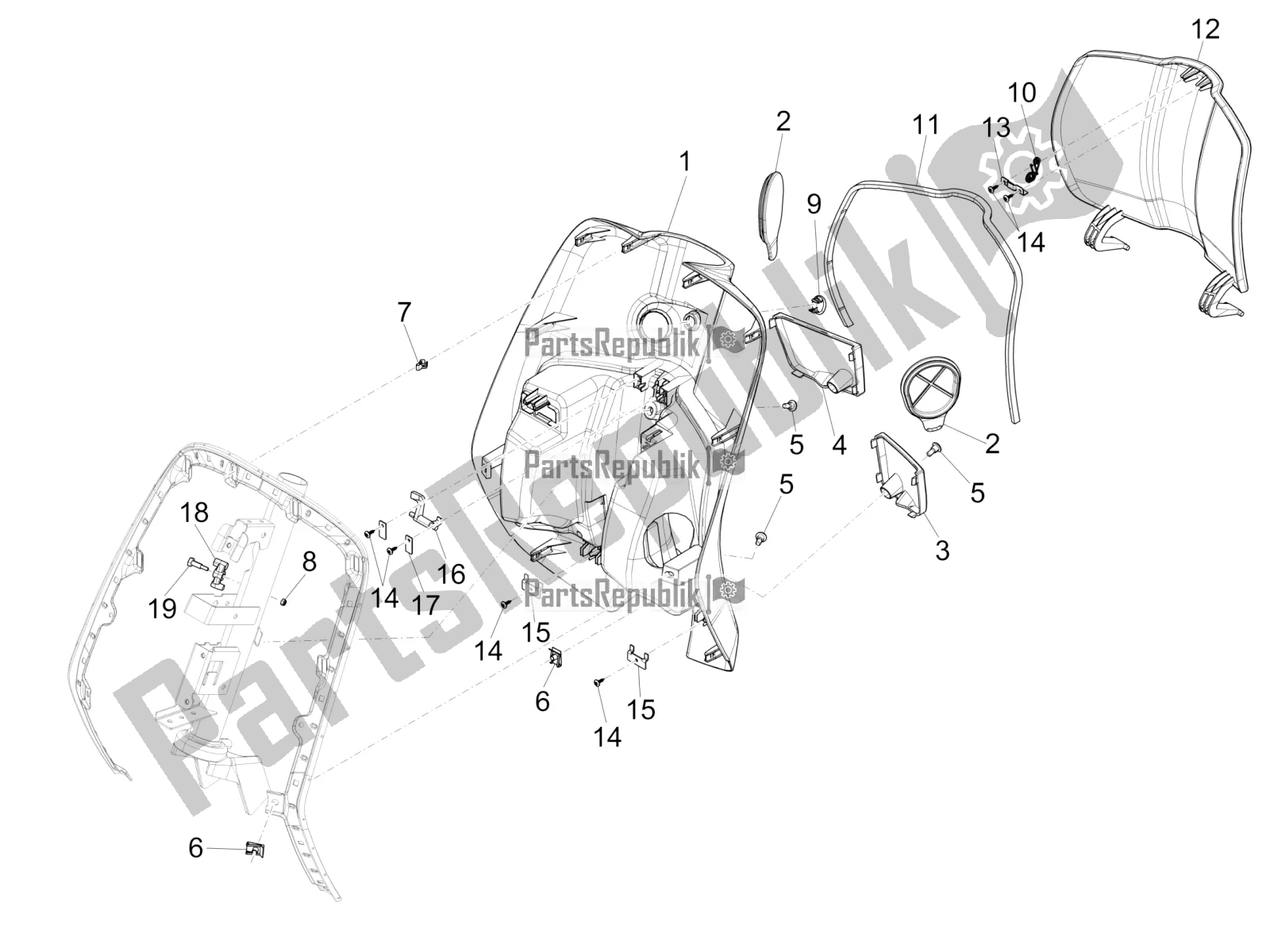 All parts for the Front Glove-box - Knee-guard Panel of the Vespa Primavera 125 IE 2016