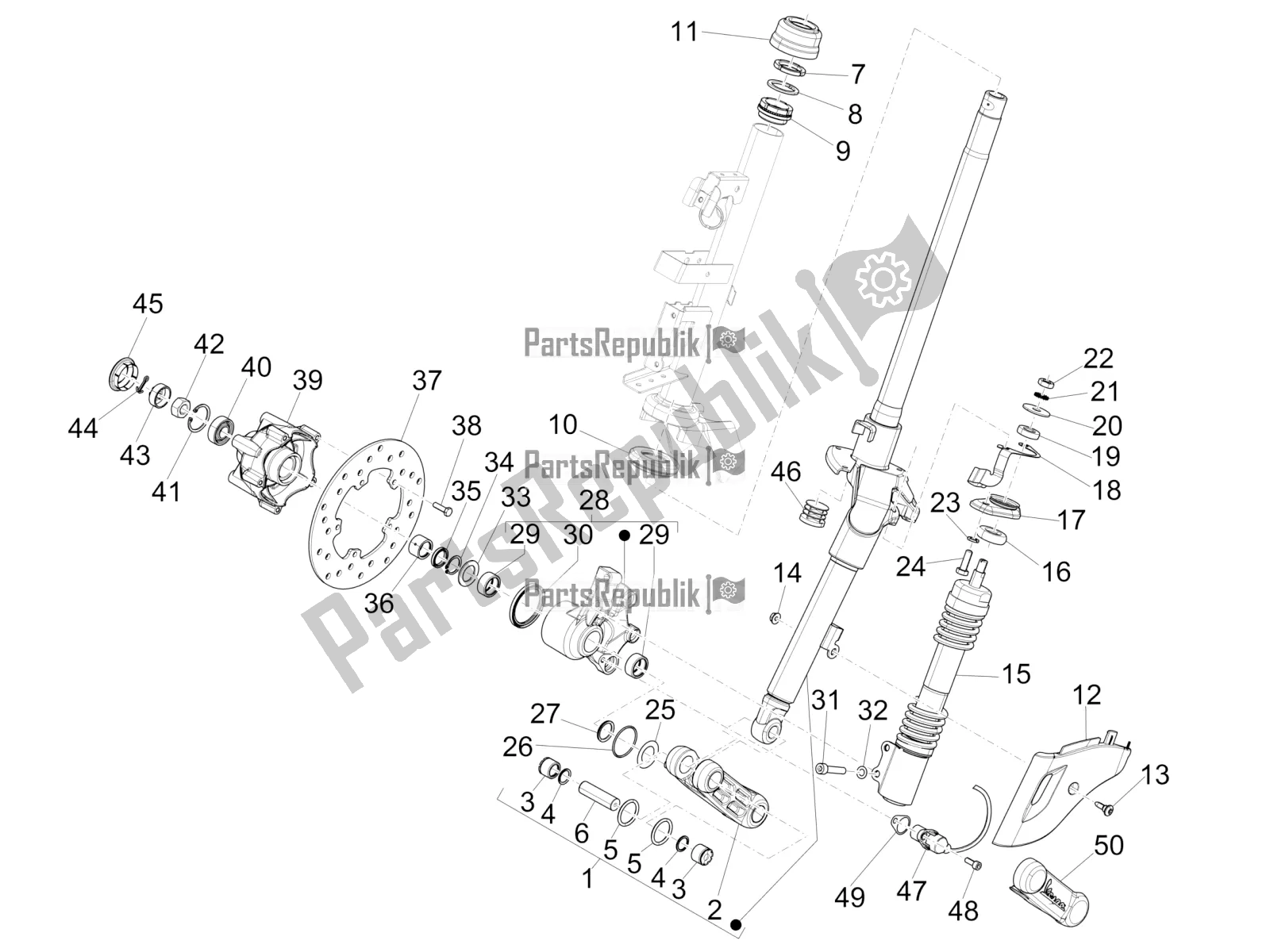 All parts for the Fork/steering Tube - Steering Bearing Unit of the Vespa Primavera 125 IE 2017