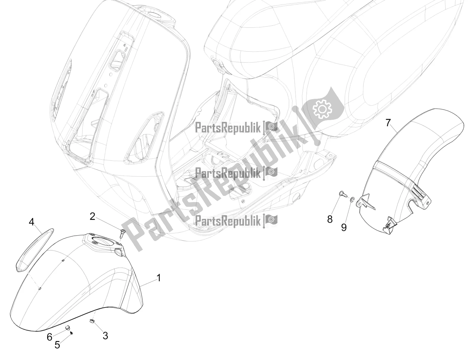 Tutte le parti per il Passaruota - Parafango del Vespa Primavera 125 Iget 2018