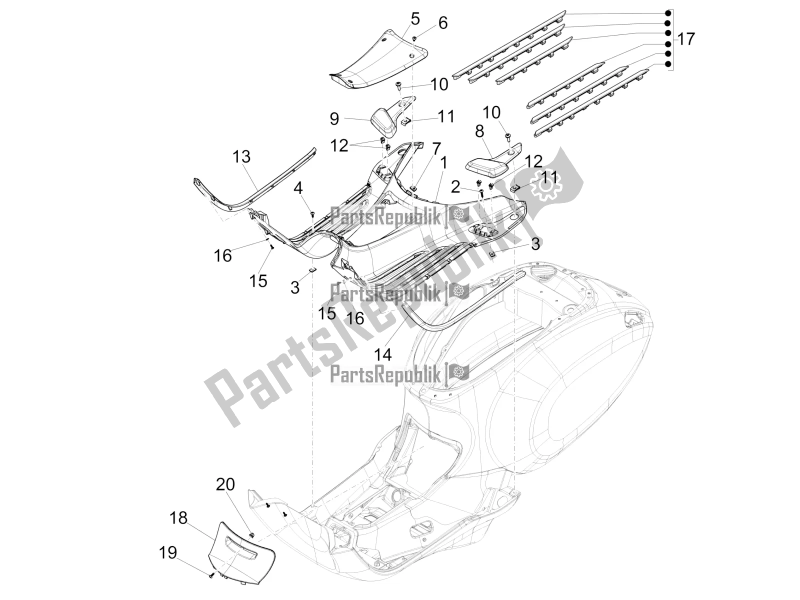All parts for the Central Cover - Footrests of the Vespa Primavera 125 Iget 2019