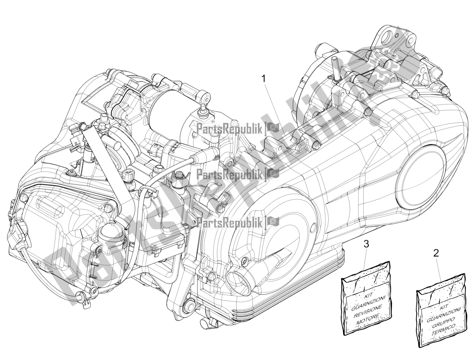 All parts for the Engine, Assembly of the Vespa Primavera 125 Iget 2019