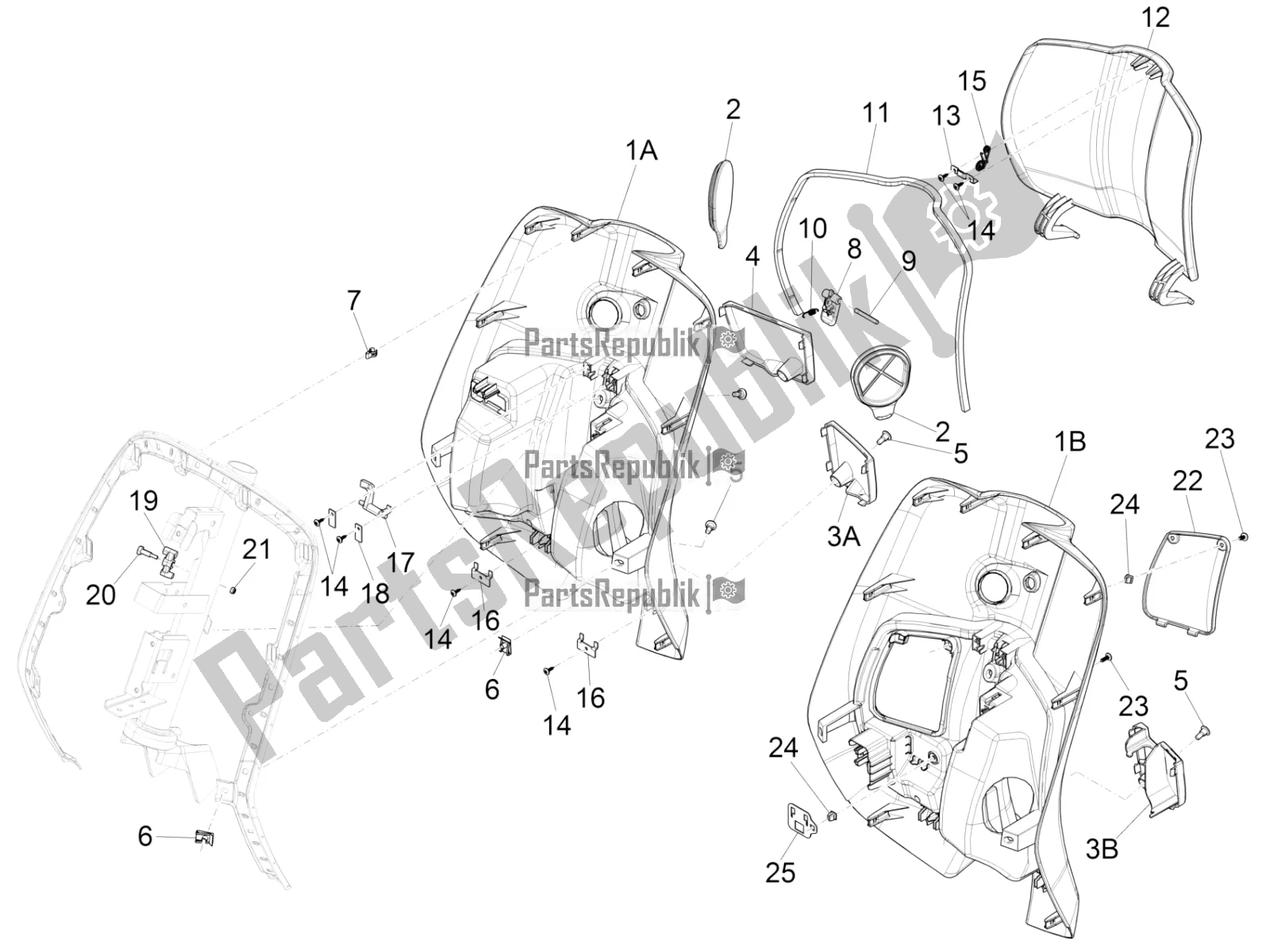 All parts for the Front Glove-box - Knee-guard Panel of the Vespa Primavera 150 IE 3V 2016