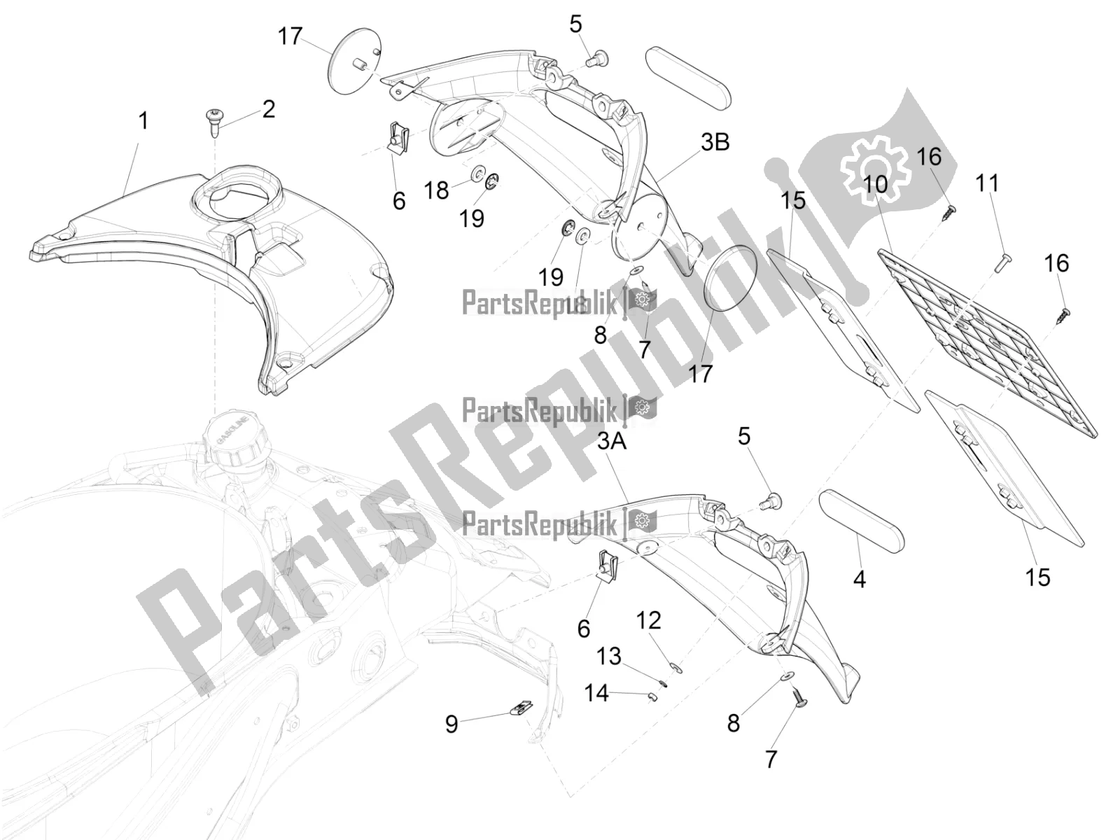 Toutes les pièces pour le Capot Arrière - Protection Contre Les éclaboussures du Vespa Primavera 150 IE 3V 2016