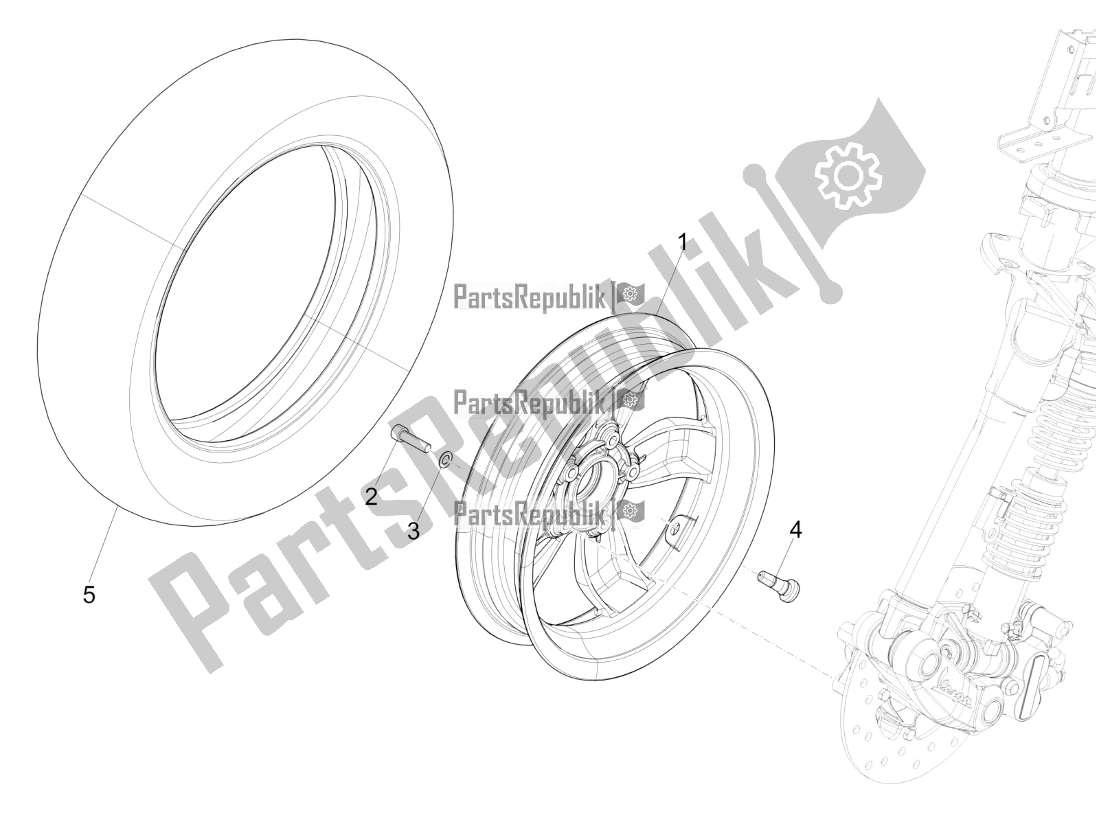 All parts for the Front Wheel of the Vespa Primavera 150 Iget 2018