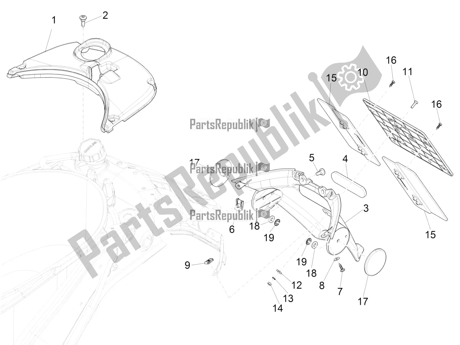 Toutes les pièces pour le Capot Arrière - Protection Contre Les éclaboussures du Vespa Primavera 150 Iget 2018