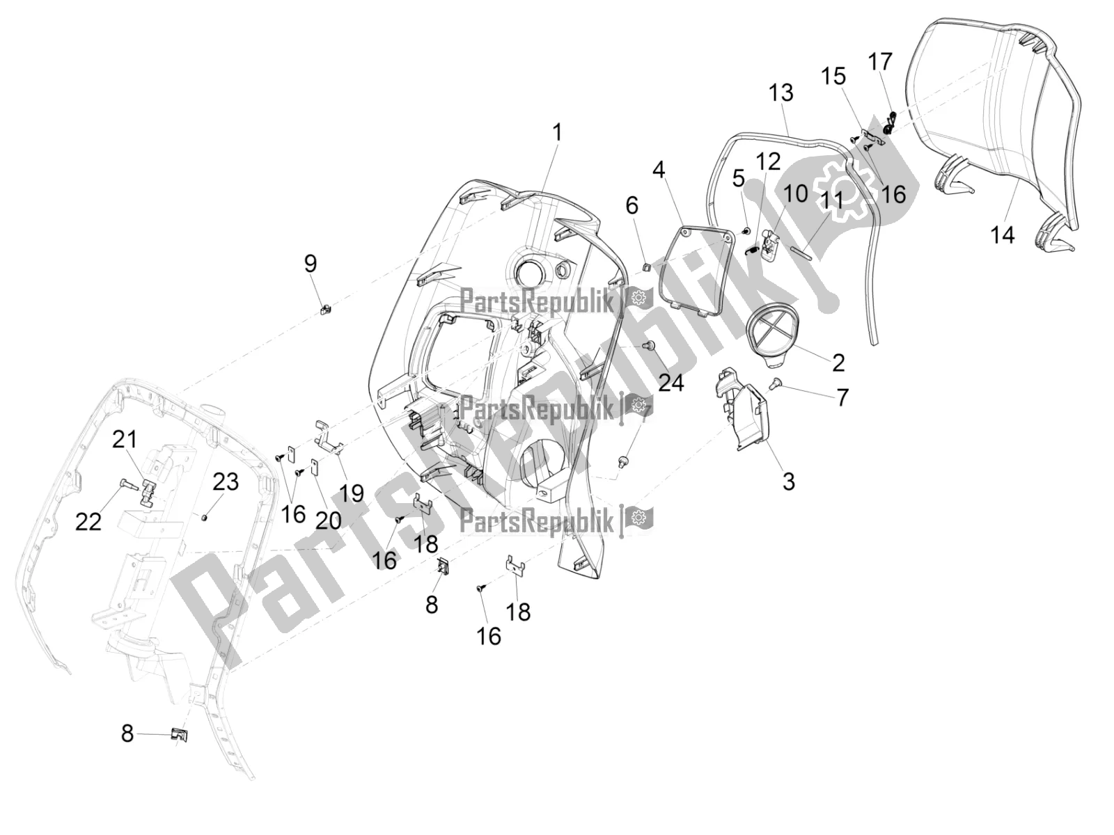 All parts for the Front Glove-box - Knee-guard Panel of the Vespa Primavera 150 Iget 2019