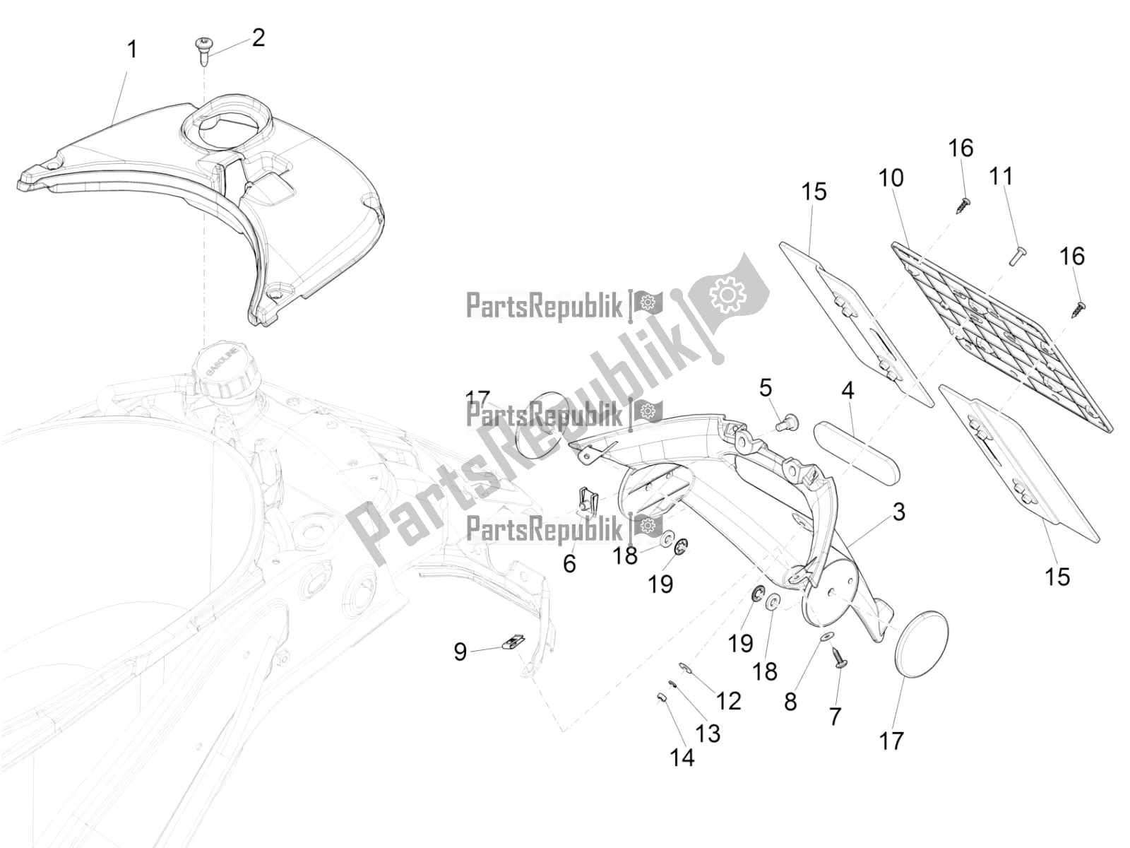 Toutes les pièces pour le Capot Arrière - Protection Contre Les éclaboussures du Vespa Primavera 150 Iget 2019