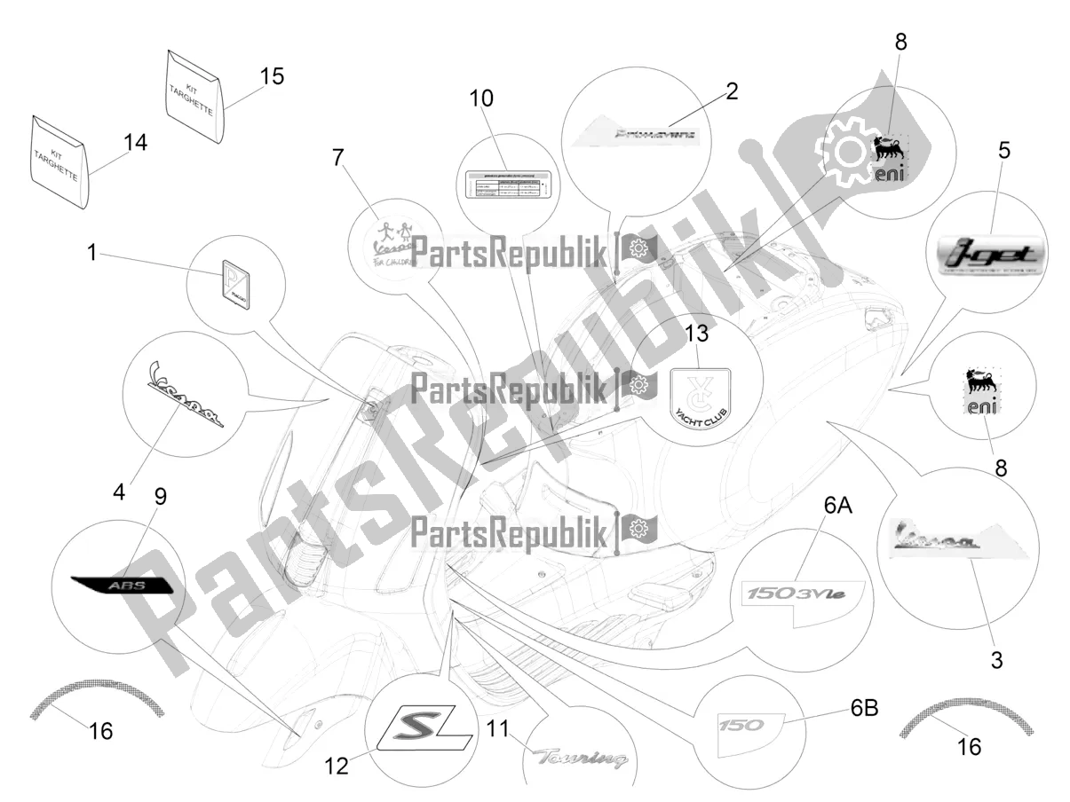 All parts for the Plates - Emblems of the Vespa Primavera 150 Iget ABS E4 2020