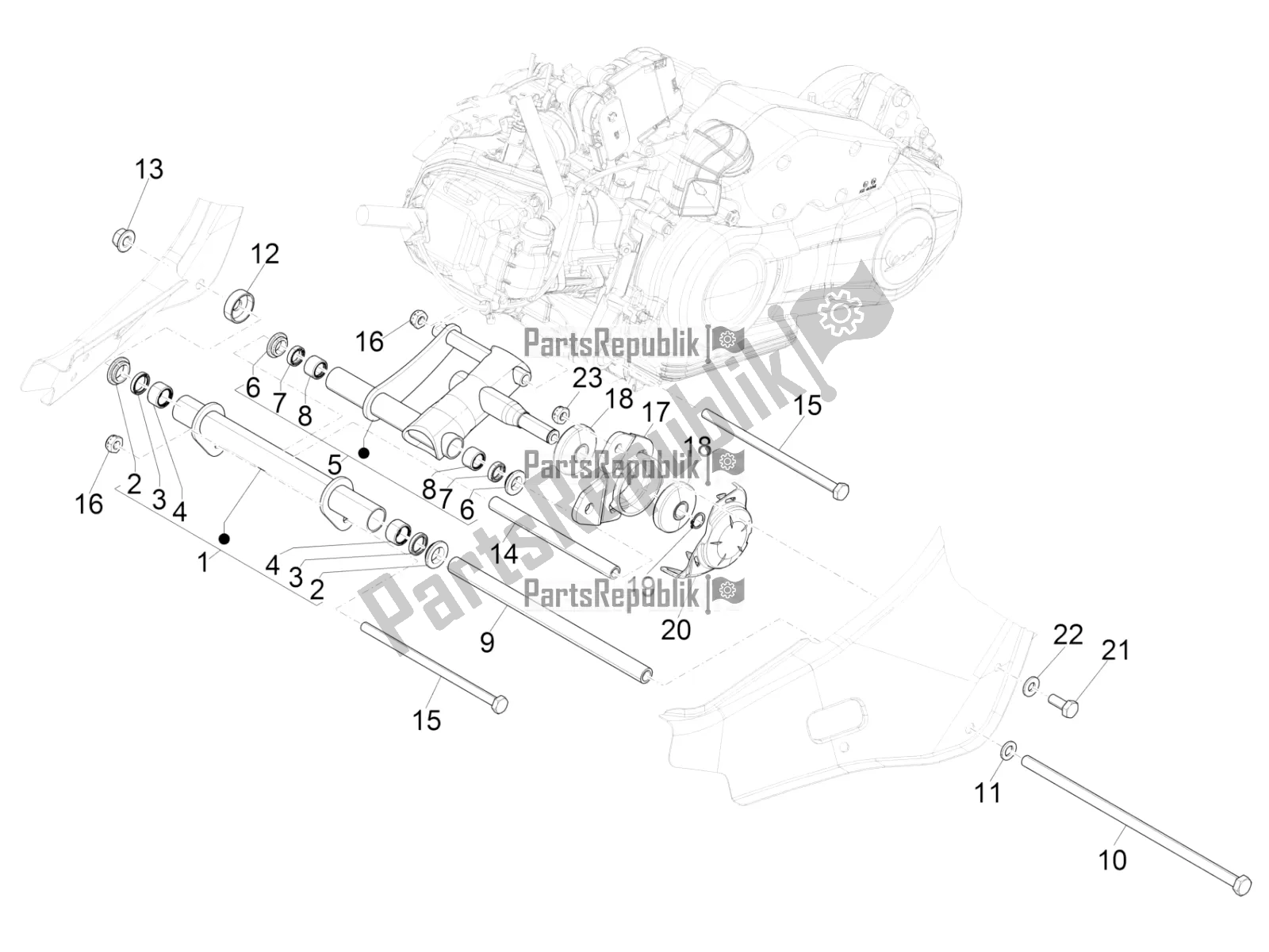 All parts for the Swinging Arm of the Vespa Primavera 150 Iget ABS E4 2020