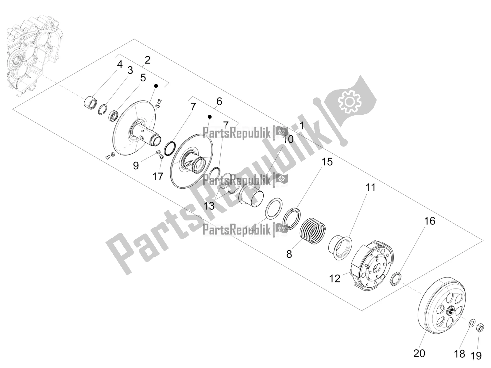 All parts for the Driven Pulley of the Vespa Primavera 150 Iget ABS E5 2020