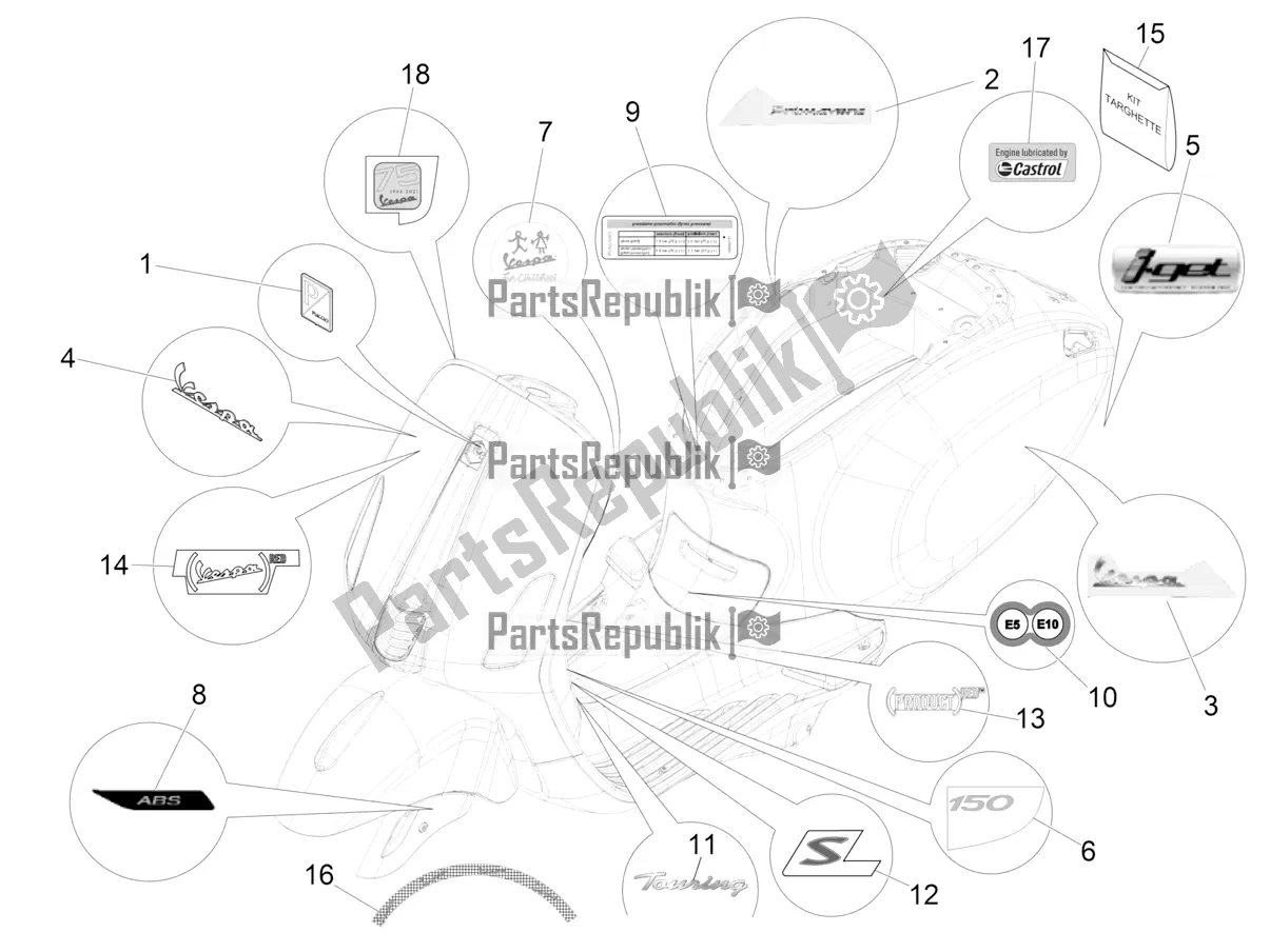 Tutte le parti per il Piatti - Emblemi del Vespa Primavera 150 Iget ABS E5 2020