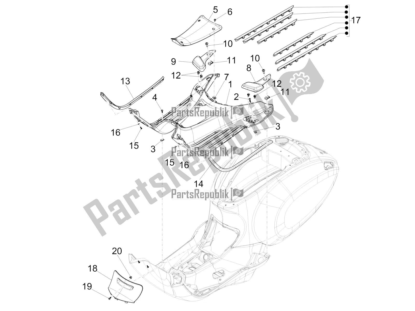 All parts for the Central Cover - Footrests of the Vespa Primavera 150 Iget ABS E5 2021