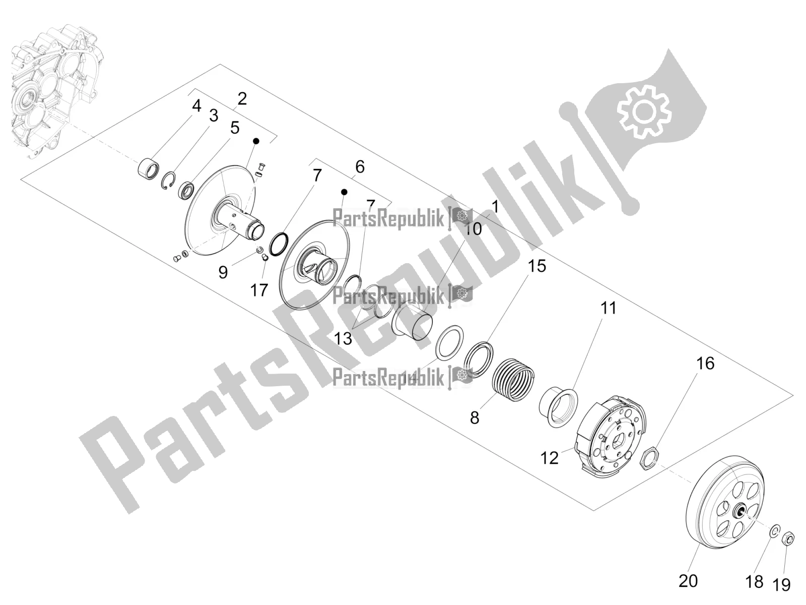 All parts for the Driven Pulley of the Vespa Primavera 150 Iget ABS E5 2021