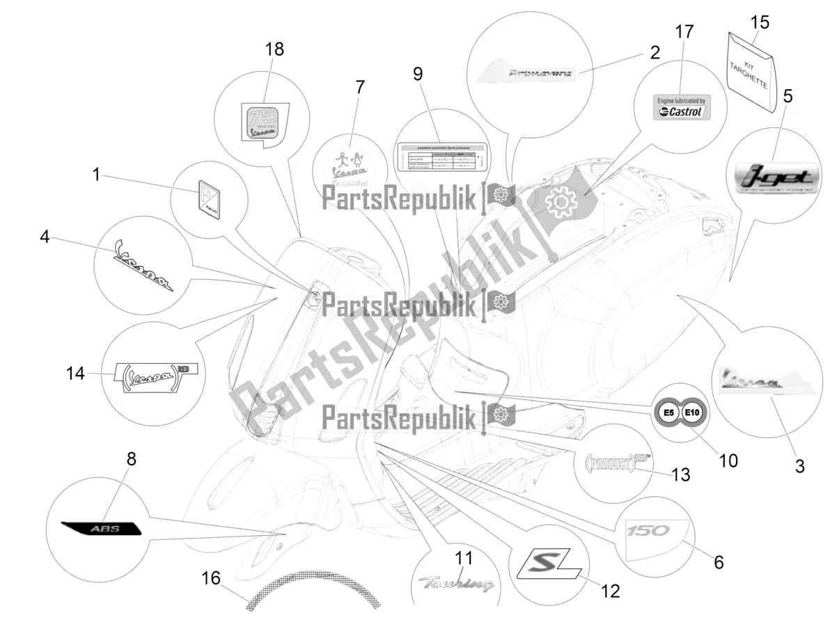 Alle onderdelen voor de Borden - Emblemen van de Vespa Primavera 150 Iget ABS E5 2021