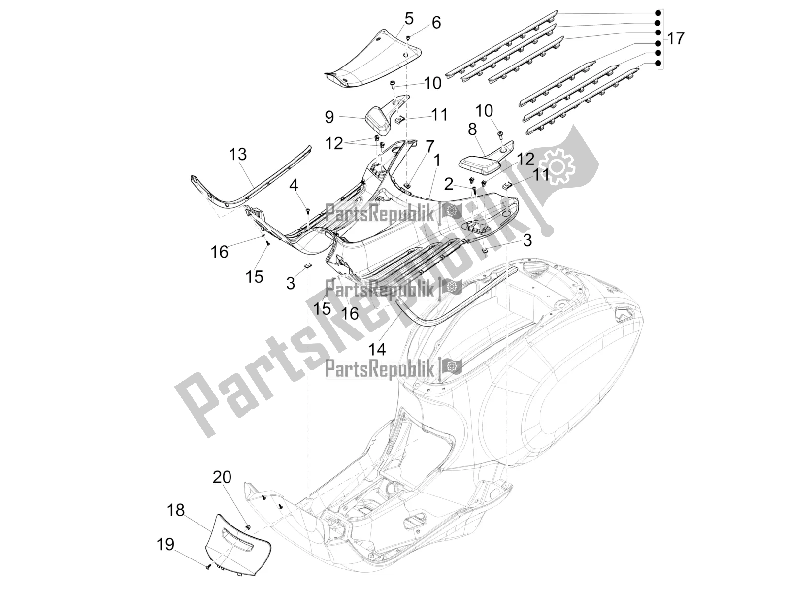 Toutes les pièces pour le Housse Centrale - Repose-pieds du Vespa Primavera 150 Iget ABS USA 2020