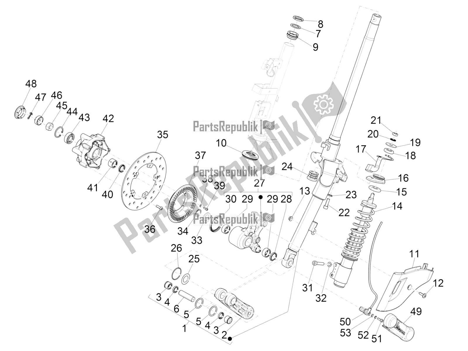 Toutes les pièces pour le Fourche / Tube De Direction - Palier De Direction du Vespa Primavera 150 Iget ABS USA 2020