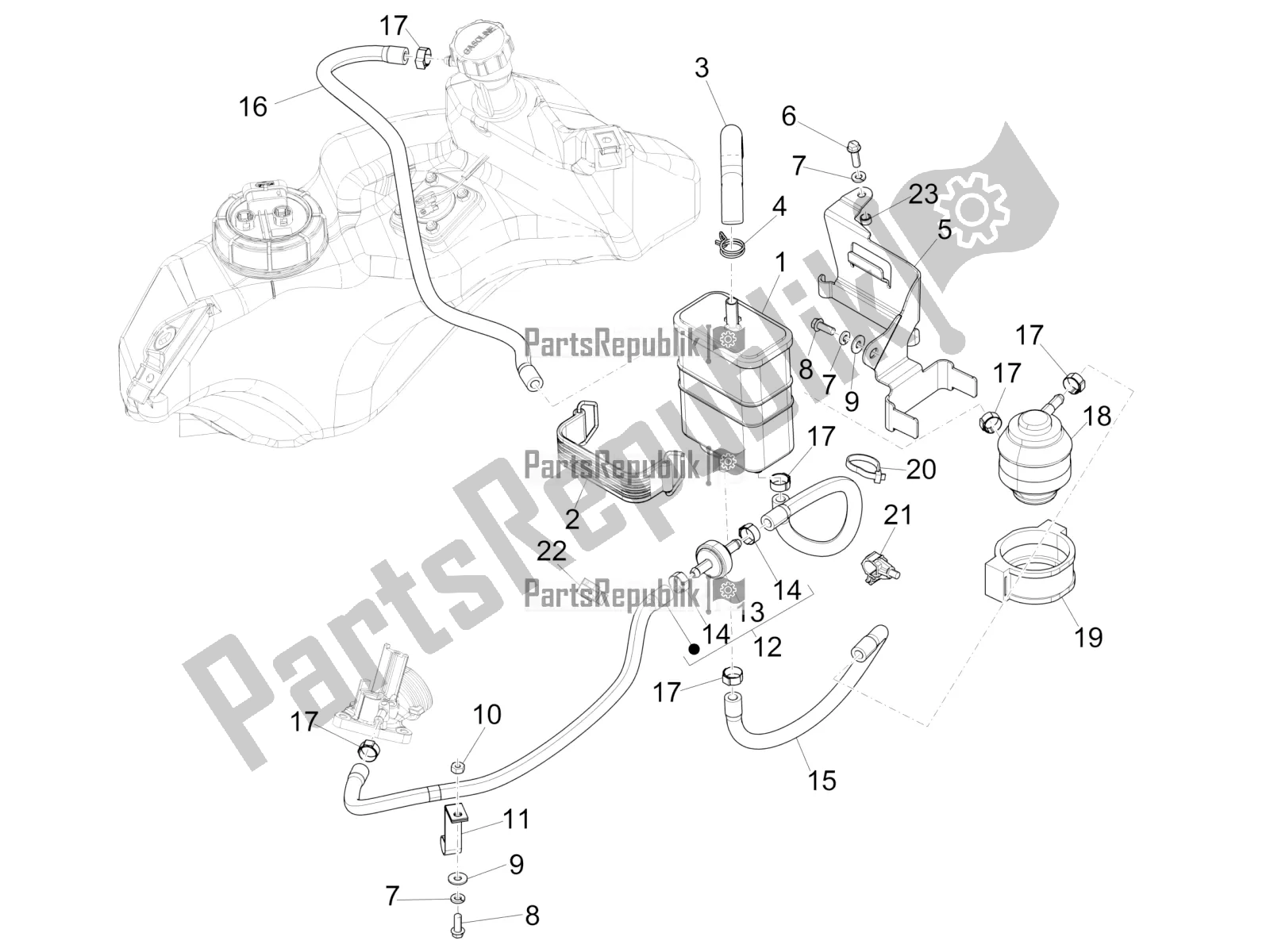 Alle onderdelen voor de Anti-percolatiesysteem van de Vespa Primavera 150 Iget ABS USA 2021
