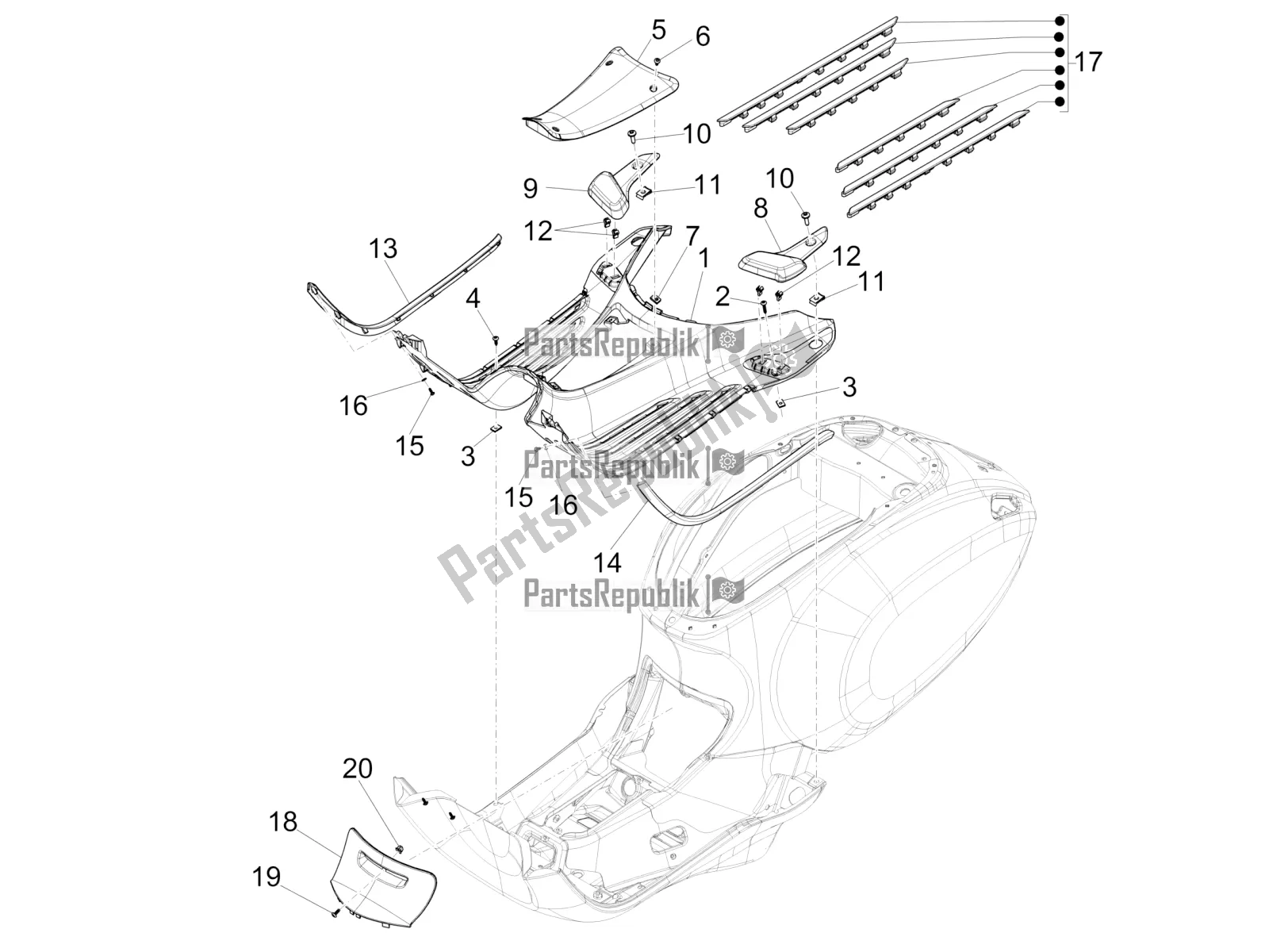 Toutes les pièces pour le Housse Centrale - Repose-pieds du Vespa Primavera 150 Iget ABS USA 2021