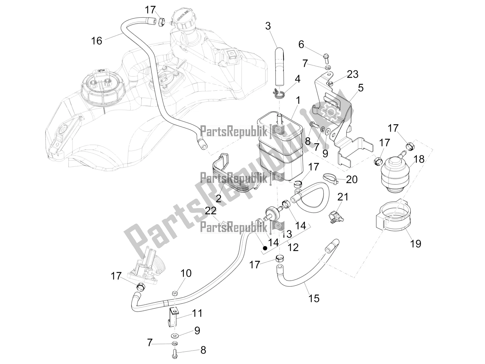 All parts for the Anti-percolation System of the Vespa Primavera 150 Iget ABS USA 2022