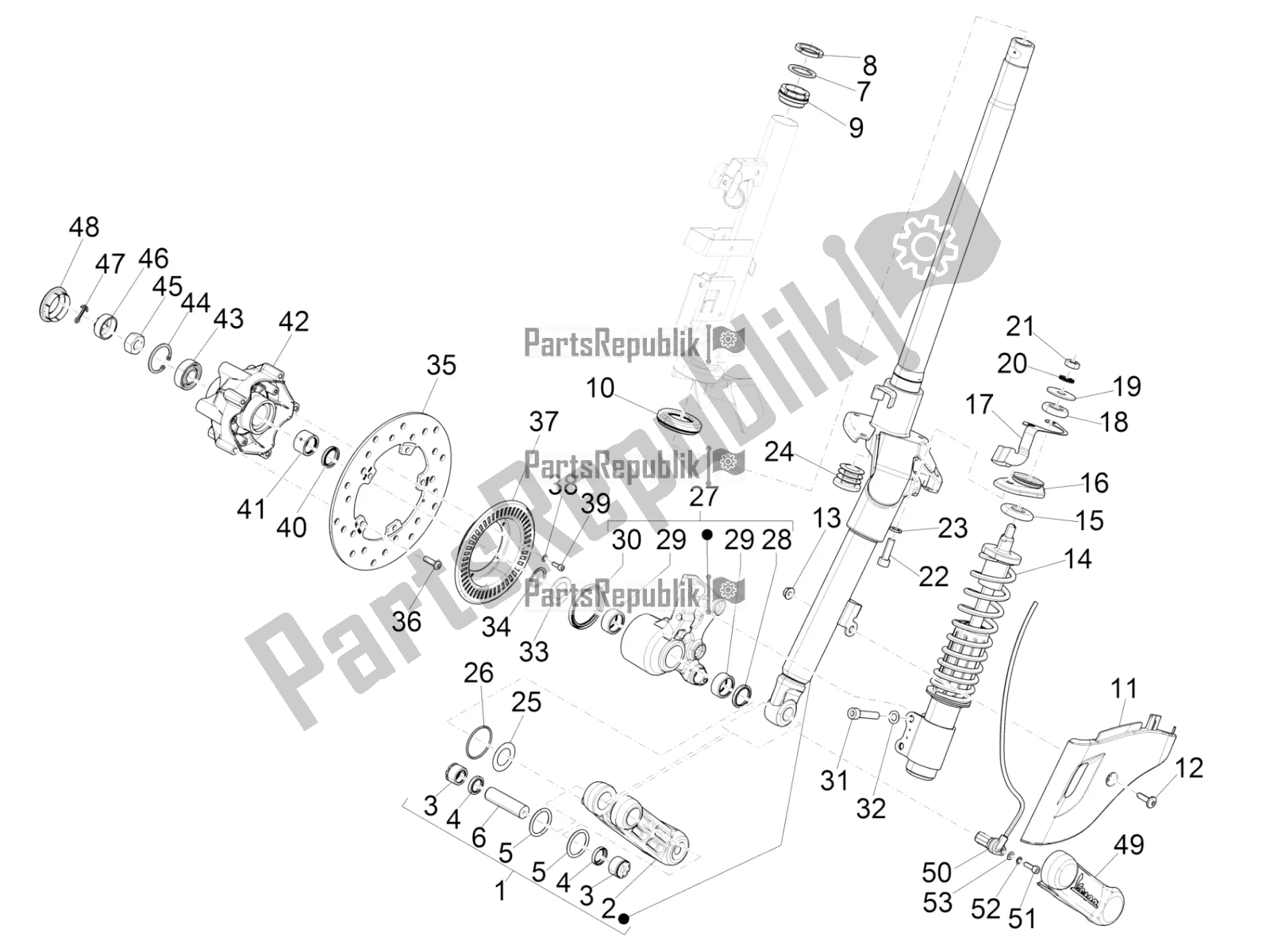 Toutes les pièces pour le Fourche / Tube De Direction - Palier De Direction du Vespa Primavera 150 Iget ABS USA 2022