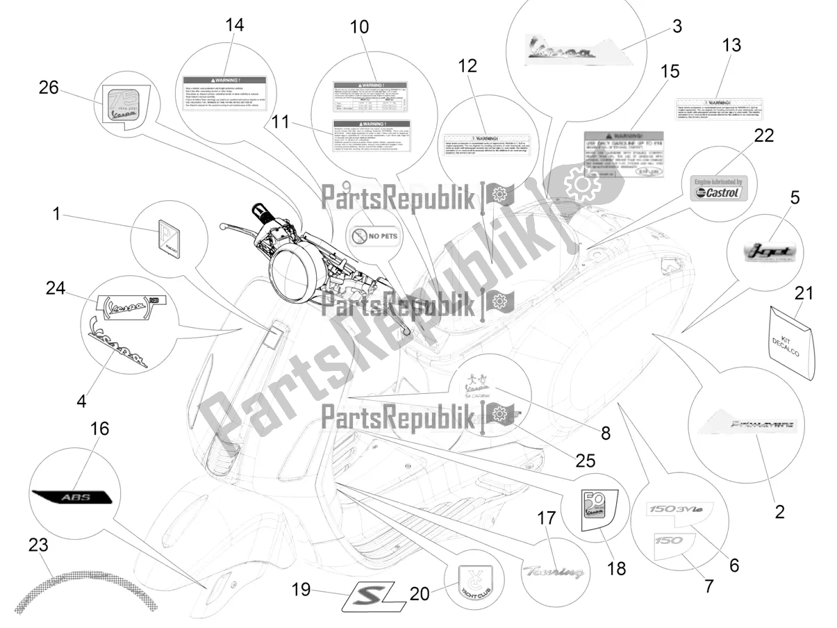 Toutes les pièces pour le Plaques - Emblèmes du Vespa Primavera 150 Iget ABS USA 2022