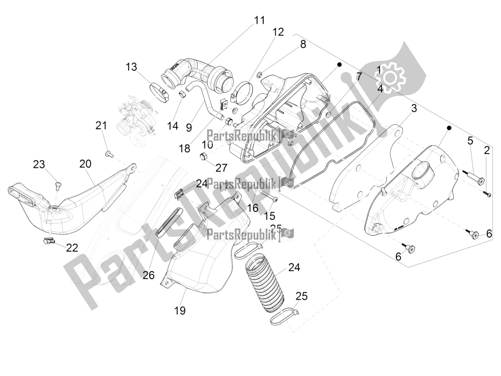 Alle onderdelen voor de Luchtfilter van de Vespa Primavera 150 Iget Apac 2016