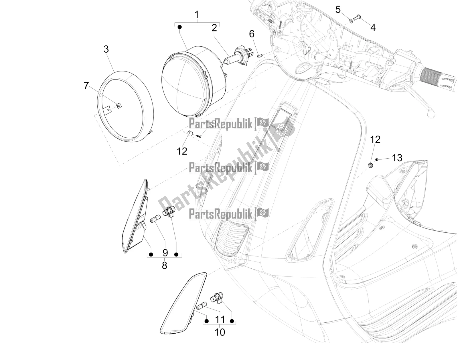 Alle onderdelen voor de Koplampen - Richtingaanwijzers van de Vespa Primavera 150 Iget Apac 2017
