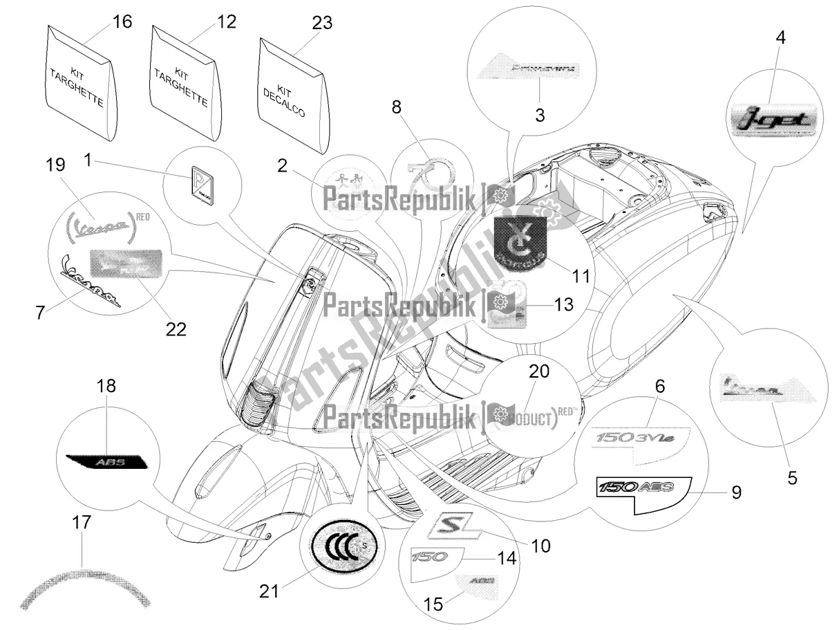 All parts for the Plates - Emblems of the Vespa Primavera 150 Iget Apac 2017