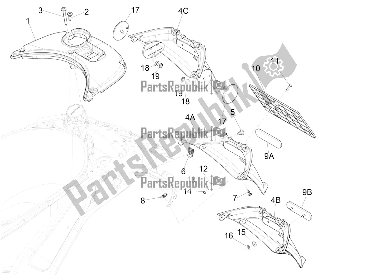 Toutes les pièces pour le Capot Arrière - Protection Contre Les éclaboussures du Vespa Primavera 150 Iget Apac 2017