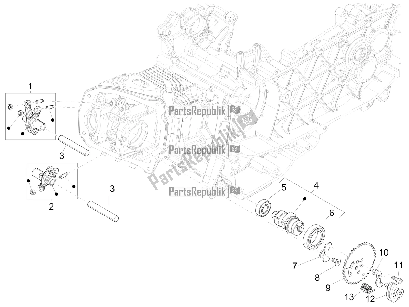 All parts for the Rocking Levers Support Unit of the Vespa Primavera 150 Iget Apac 2017