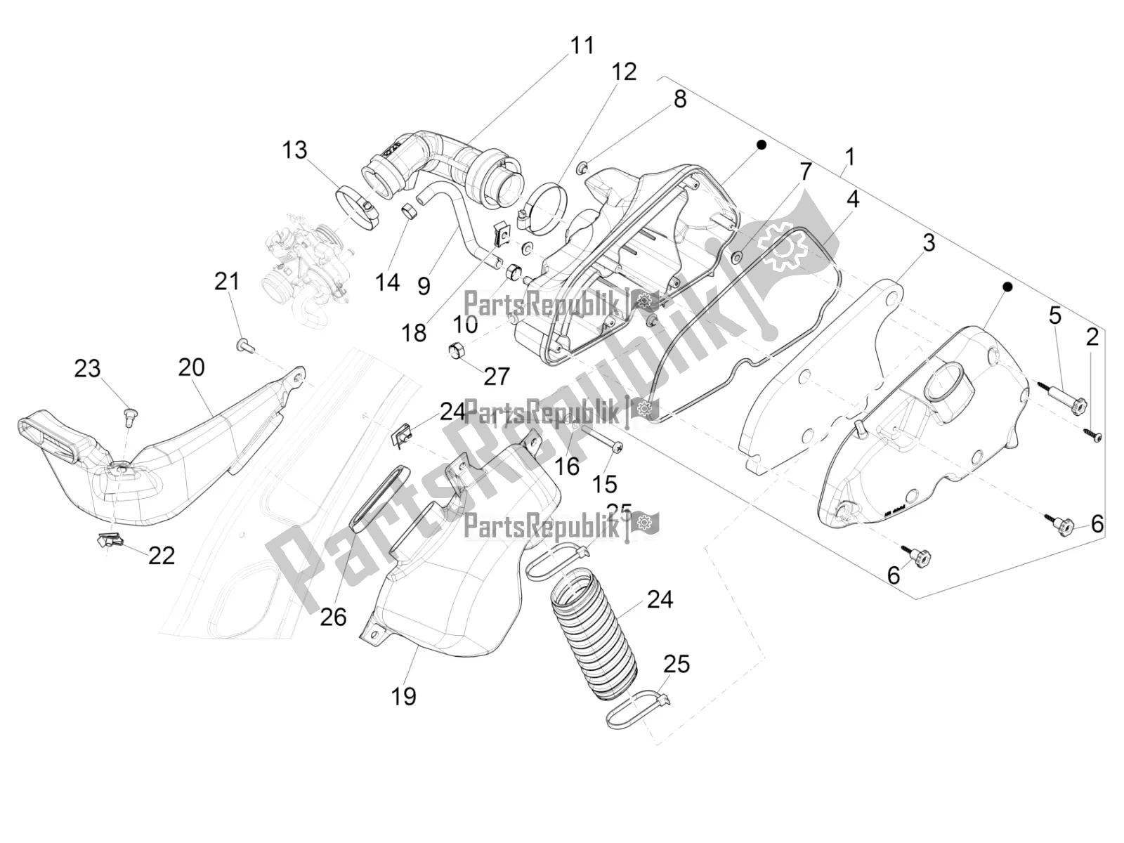 Alle onderdelen voor de Luchtfilter van de Vespa Primavera 150 Iget Apac 2019