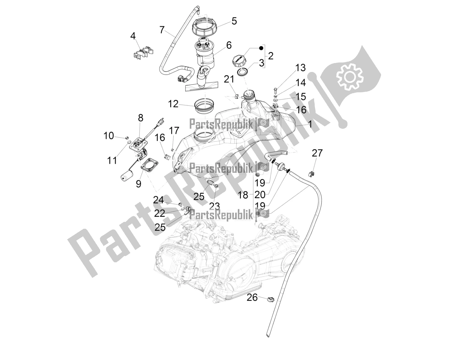 All parts for the Fuel Tank of the Vespa Primavera 150 Iget Apac 2019