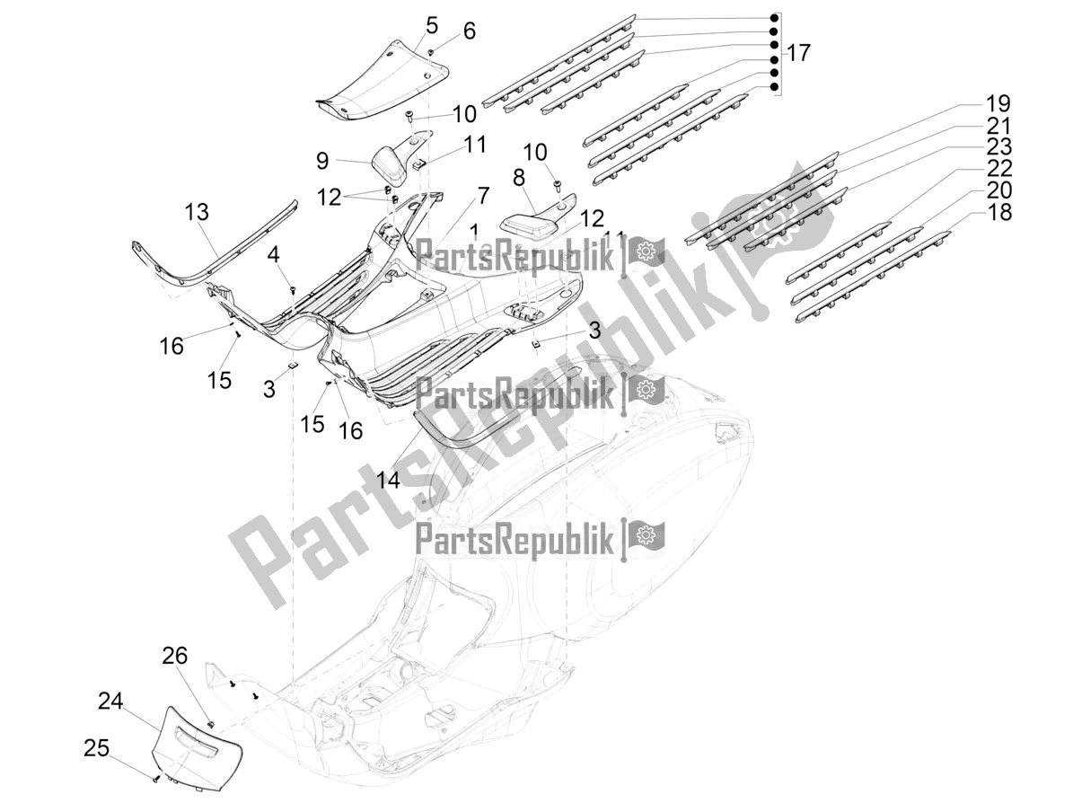 Alle onderdelen voor de Centrale Afdekking - Voetsteunen van de Vespa Primavera 150 Iget Apac 2020