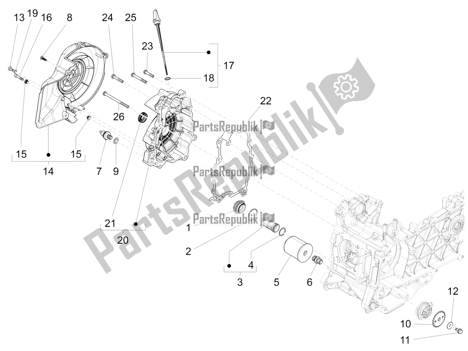 All parts for the Flywheel Magneto Cover - Oil Filter of the Vespa Primavera 150 Iget Apac 2021