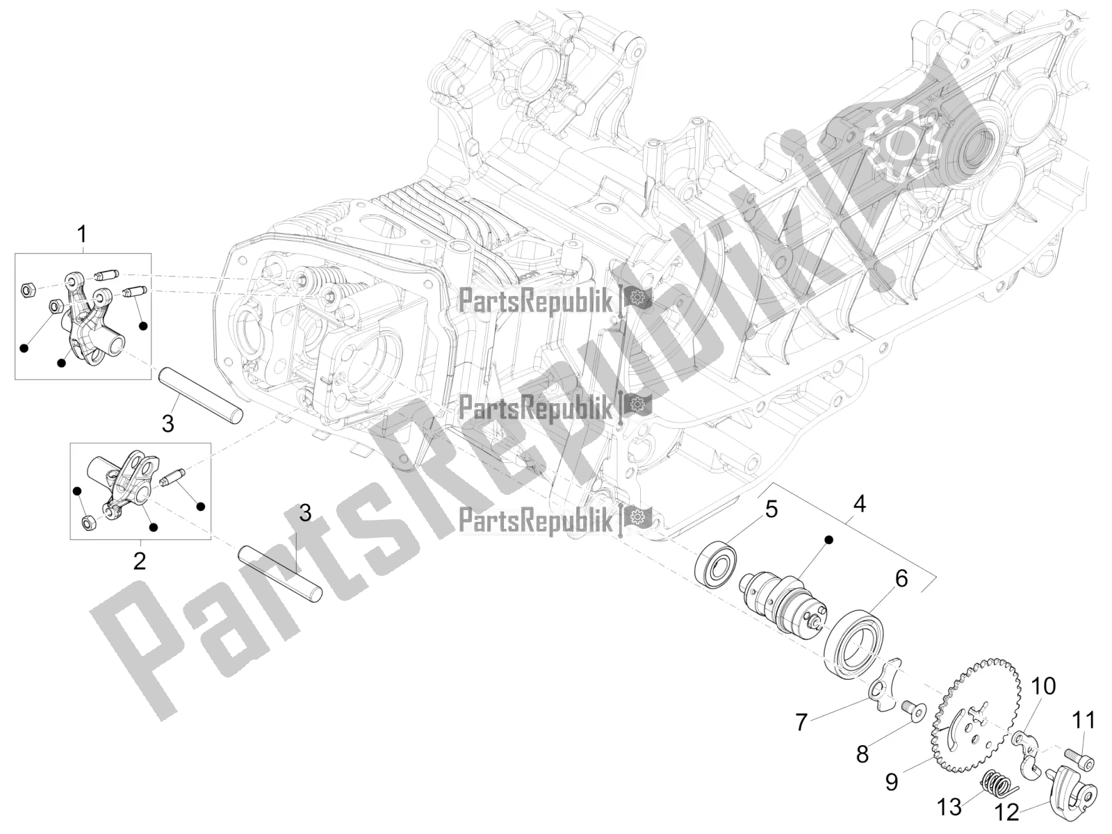 All parts for the Rocking Levers Support Unit of the Vespa Primavera 150 Iget Apac 2021