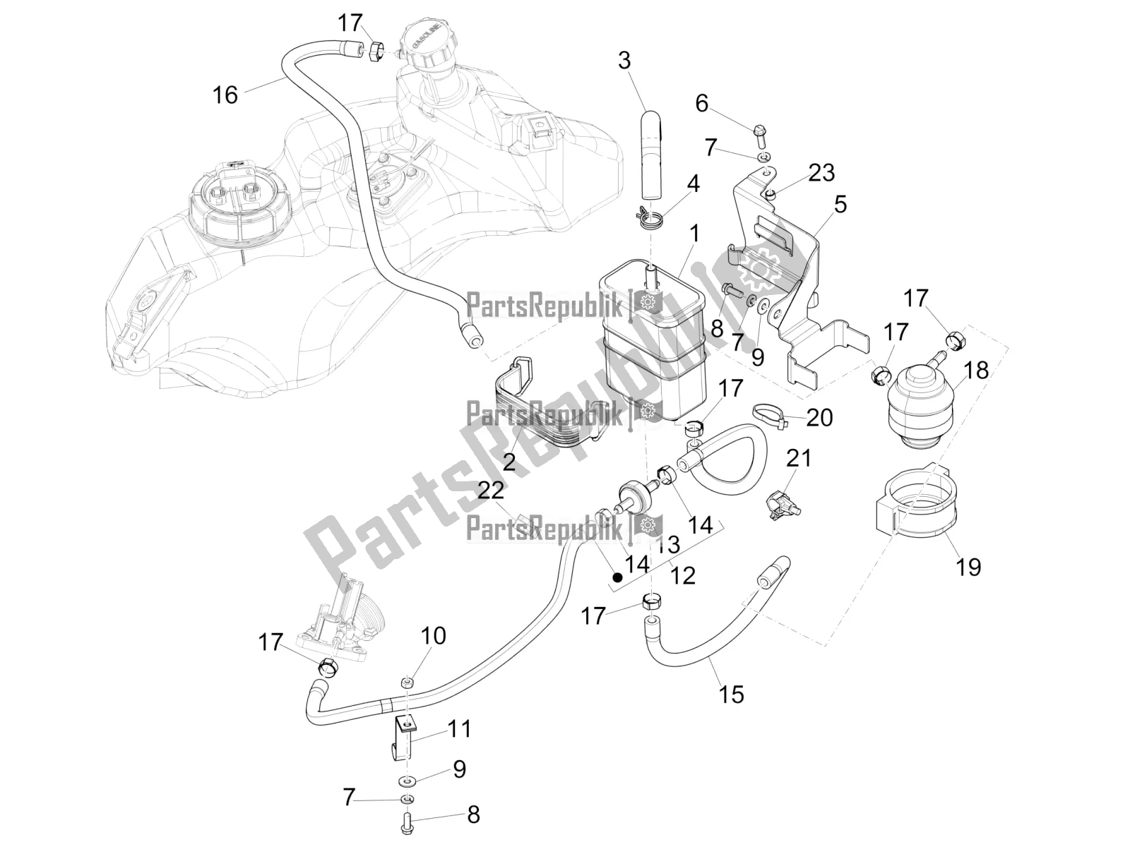 Tutte le parti per il Sistema Anti-percolazione del Vespa Primavera 150 Iget USA 2016