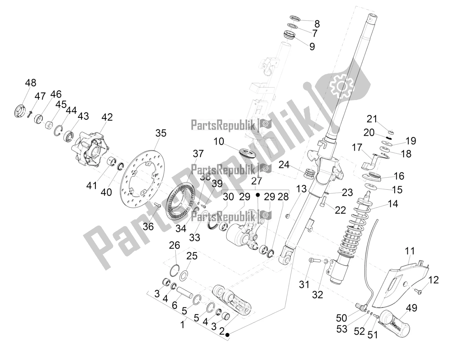 Toutes les pièces pour le Fourche / Tube De Direction - Palier De Direction du Vespa Primavera 150 Iget USA 2018