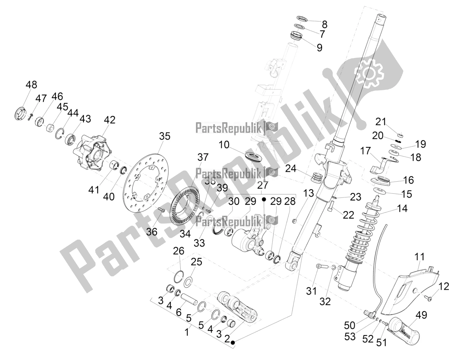 Toutes les pièces pour le Fourche / Tube De Direction - Palier De Direction du Vespa Primavera 150 Iget USA 2019